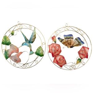 Fairy Garden Stained Glass Style Metal Wall Art Hummingbird Flowers  Butterflies